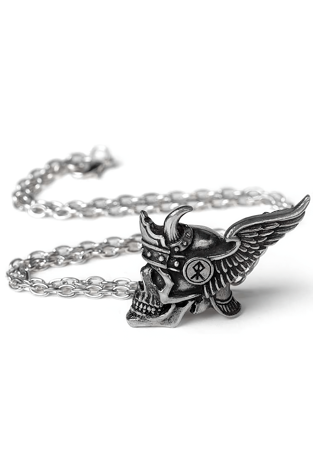 Viking skull pendant with horned helmet and wings, crafted from polished pewter on a silver chain.