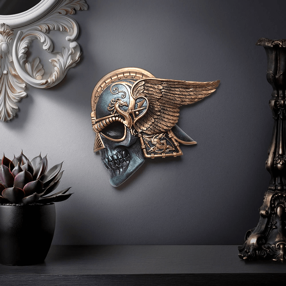 Viking skull wall plaque with raven wing helmet, hand-painted resin decor for Norse mythology lovers.