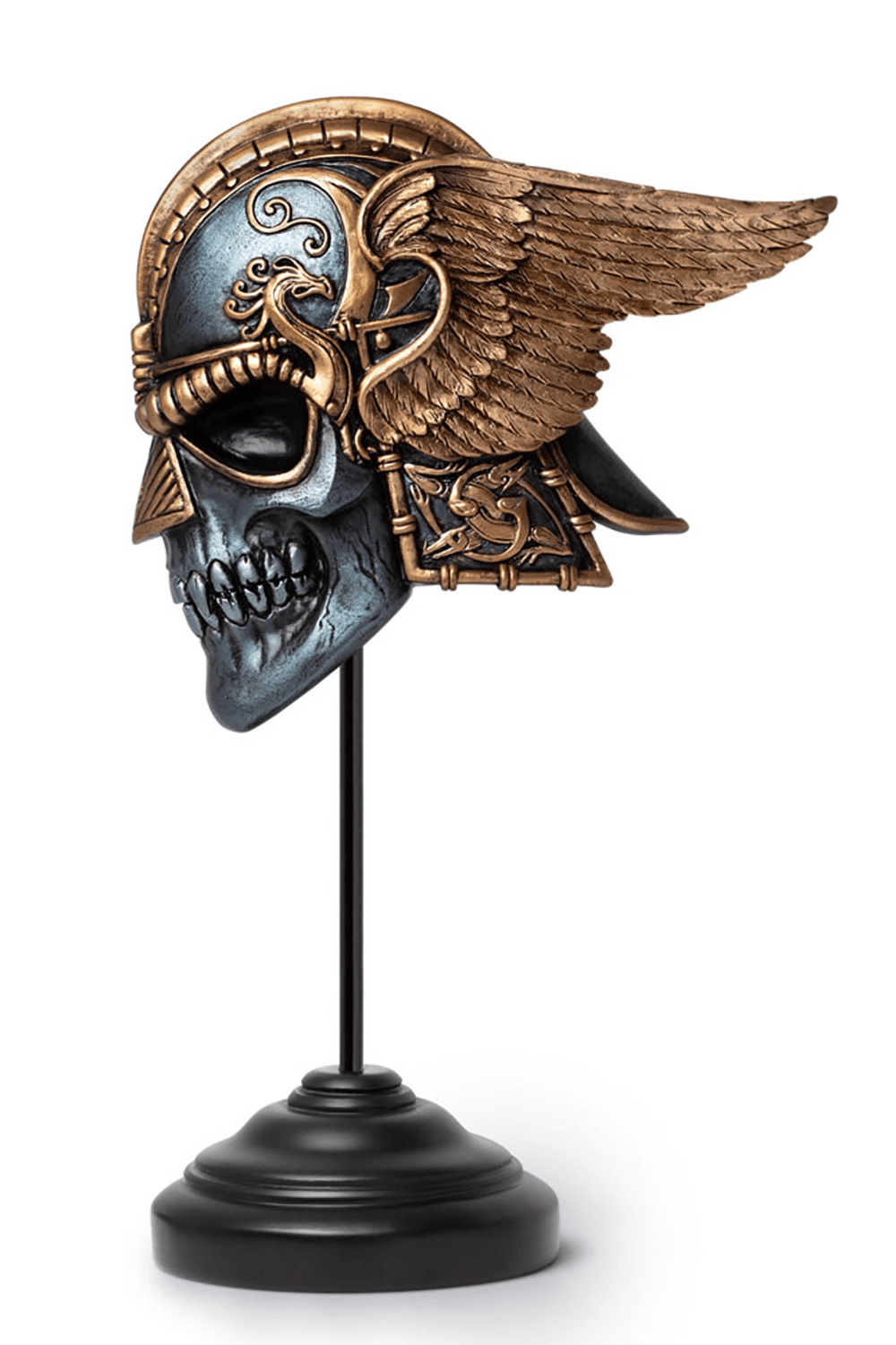 Viking skull wall plaque with gold raven wing helmet, hand-painted resin decor for Norse mythology lovers.