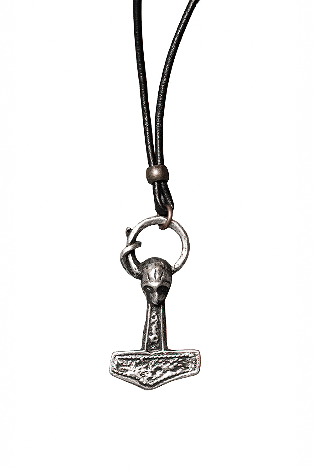 Viking Thor Hammer Necklace with Raven Head Pendant on black cord, gray pewter Mjolnir amulet, gothic and celestial styling.