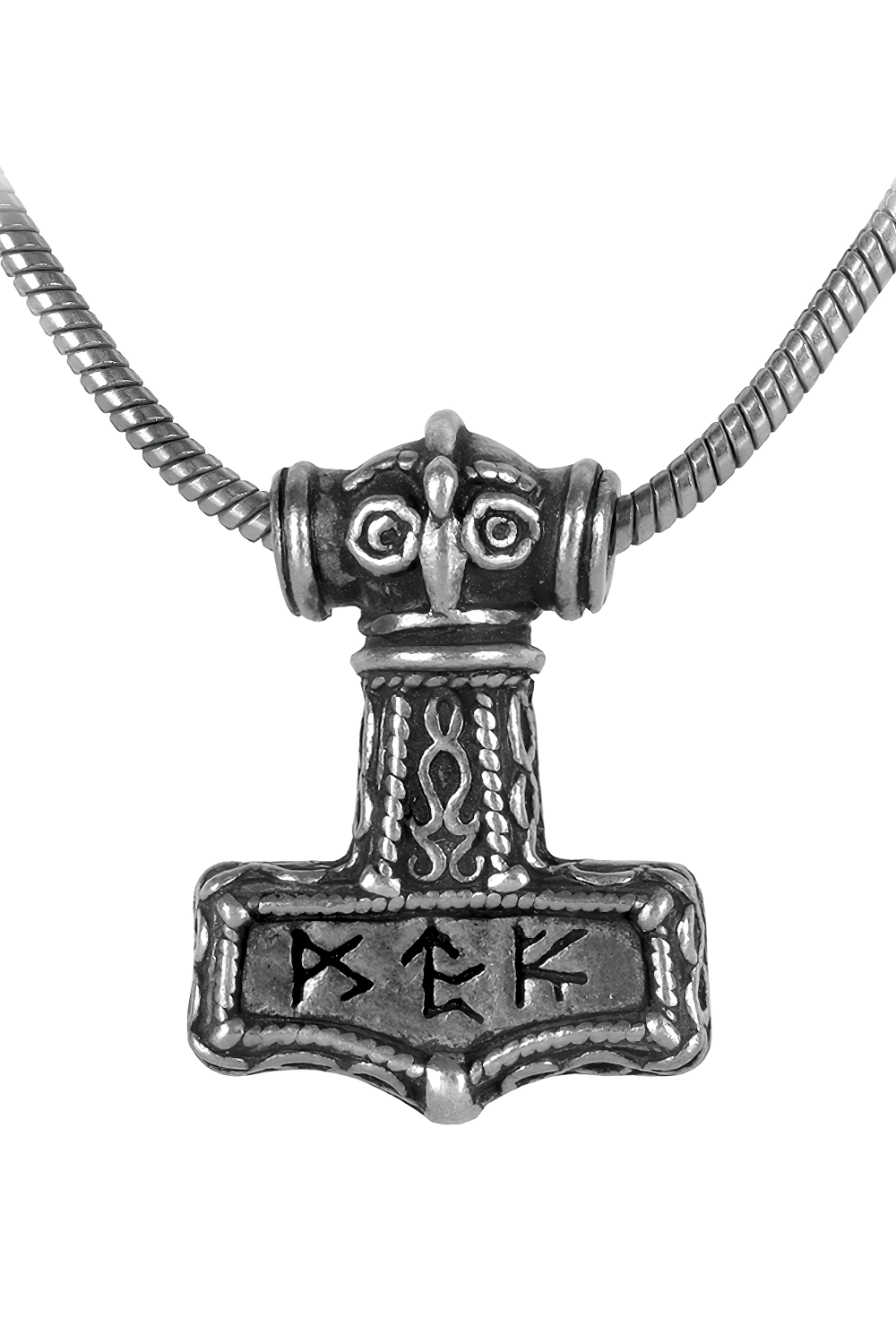 Viking Thor's Hammer pendant in antiqued pewter with bindrune design, symbolizing strength and Norse heritage.