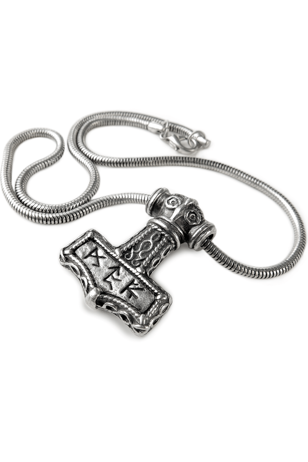 Viking Thor's Hammer pendant in antiqued pewter with bindrune design, symbolizing strength and courage.
