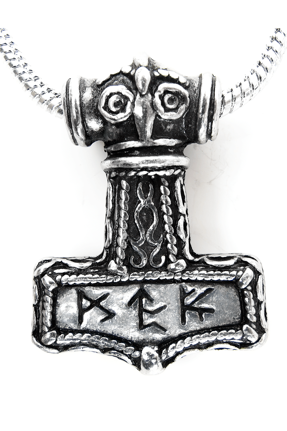 Viking Thor's Hammer pendant with Bindrune design, crafted in antiqued pewter, symbolizes strength and courage.