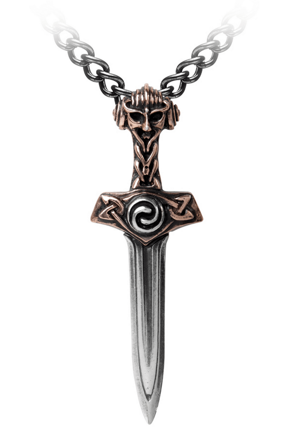 Viking Thorsblade Sword Pendant Necklace with Celtic Knot featuring god-head pommel and mystical spiral symbol.