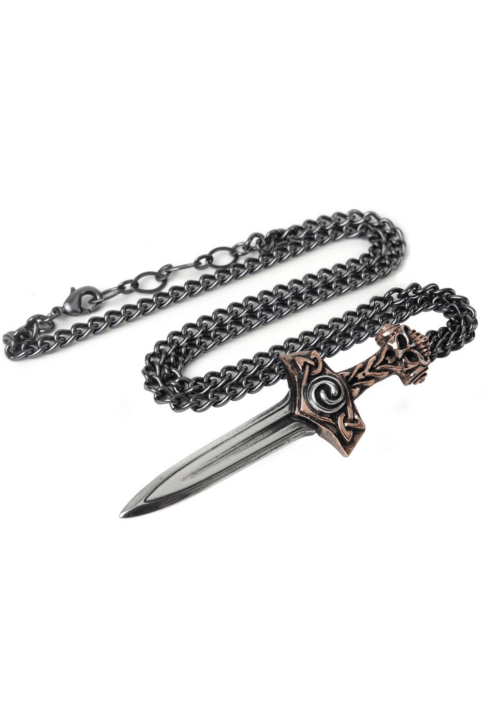 Viking Thorsblade Sword Pendant Necklace with Celtic Knot showcasing a polished pewter blade and bronzed hilt.