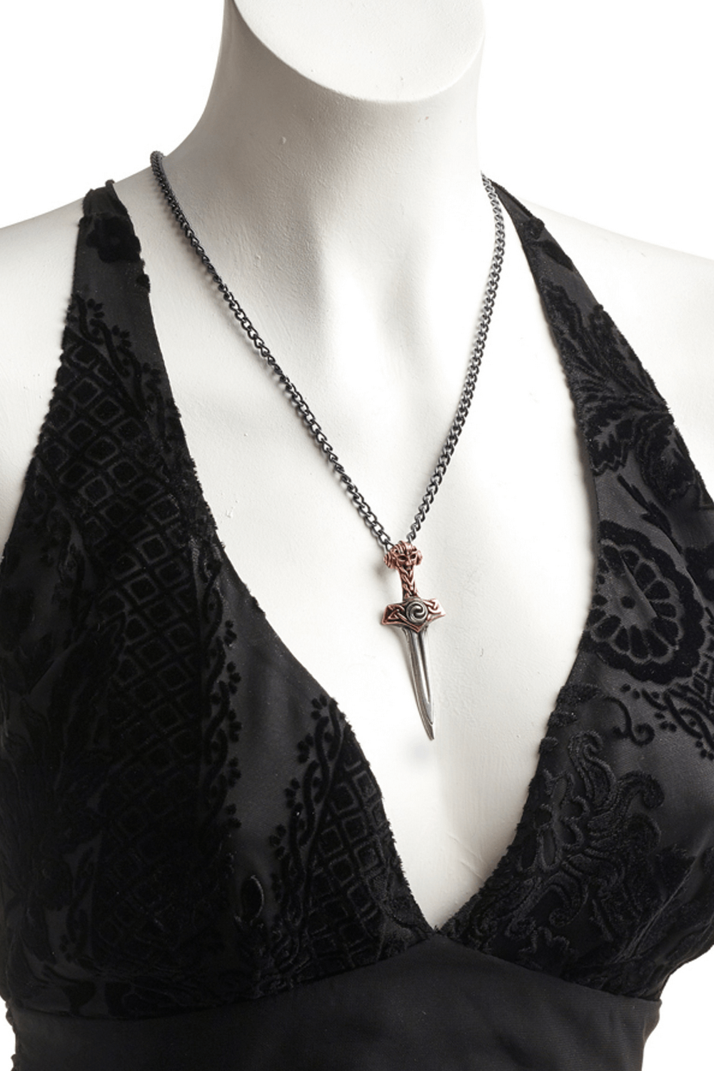 Viking Thorsblade Sword Pendant Necklace with Celtic Knot displayed on a mannequin.