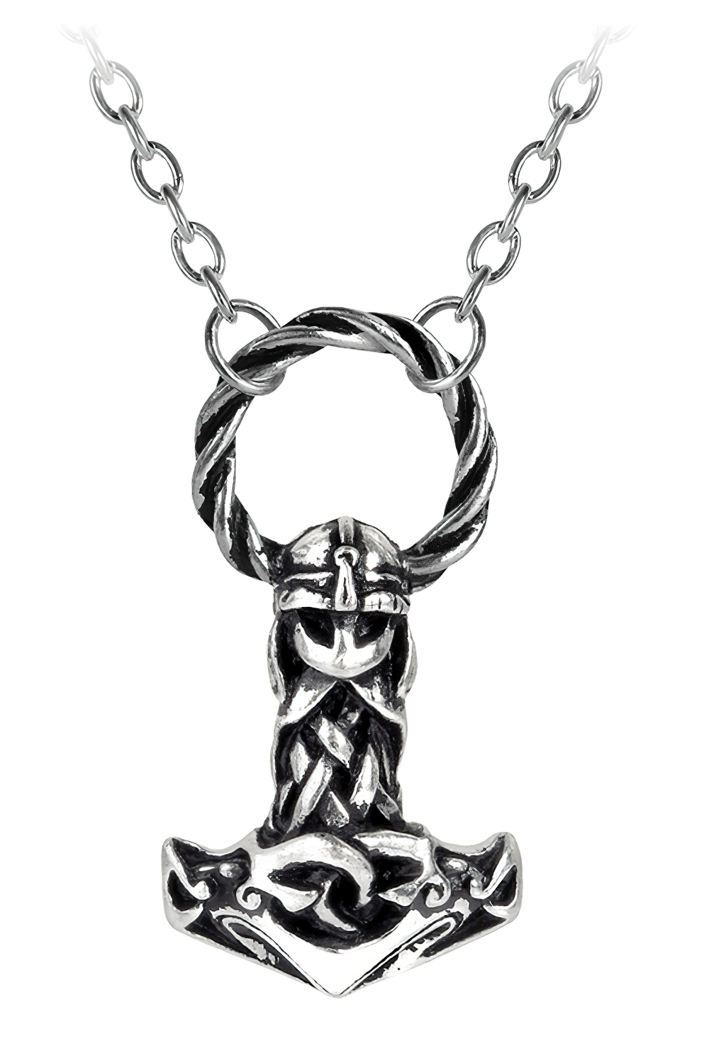 Viking warrior Mjollnir hammer necklace pendant with braided detailing, symbolizing strength and Norse mythology.