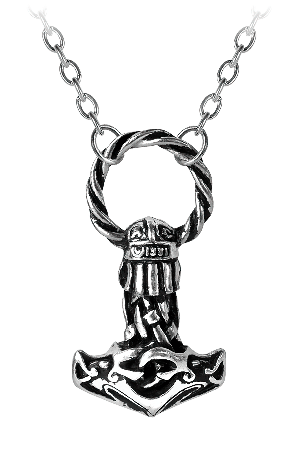 Viking warrior Mjollnir hammer necklace pendant featuring an intricately designed Thor's hammer in antiqued pewter.