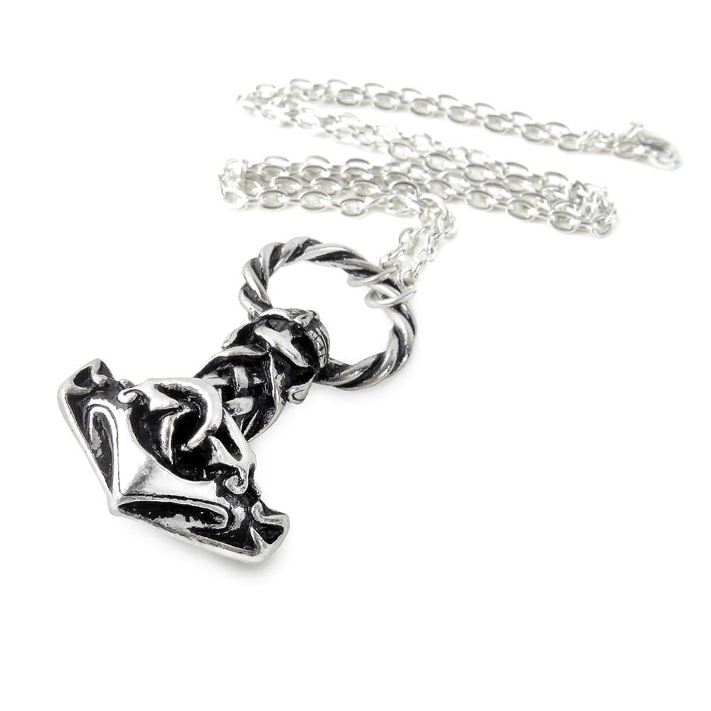 Viking Mjollnir hammer necklace pendant in antiqued pewter with braided chain, symbolizing Norse mythology and strength.