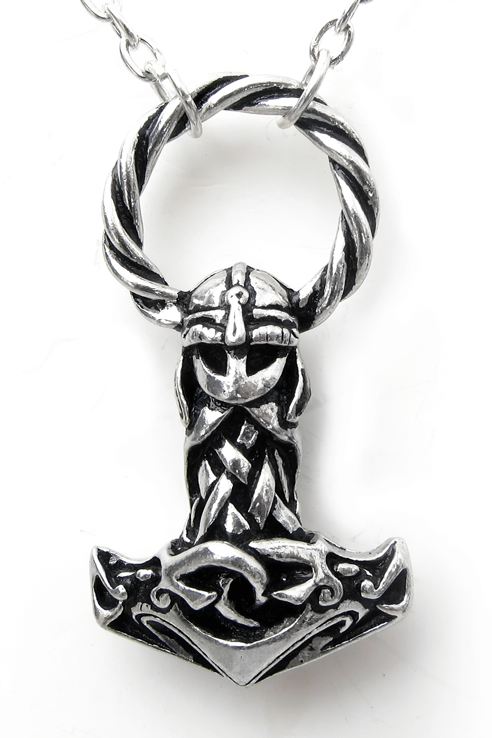 Viking Warrior Mjollnir Hammer Necklace pendant with braided warrior design in antiqued pewter.