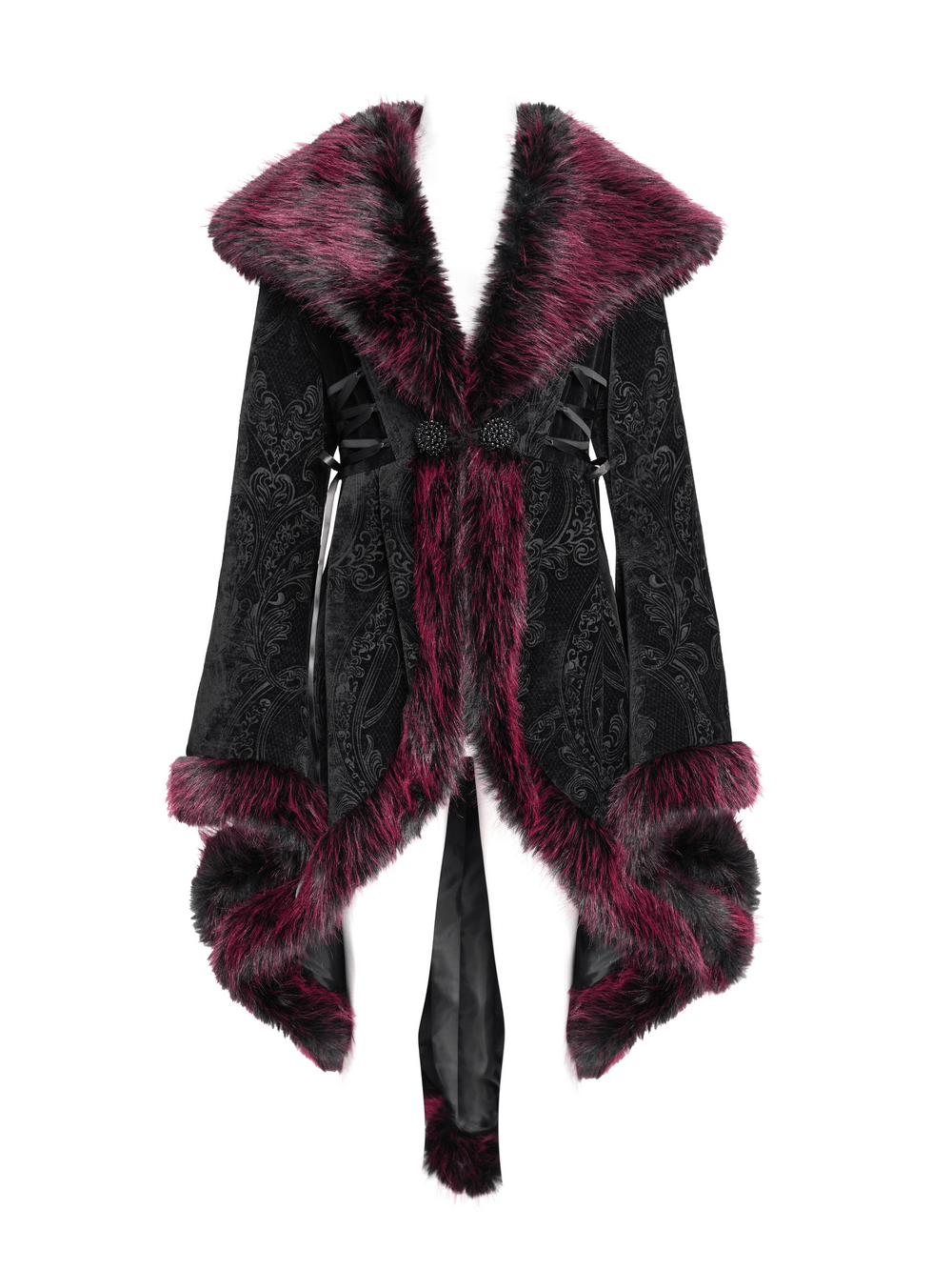 Vintage black velvet coat with burgundy faux fur trim and intricate lace details, perfect for gothic elegance.