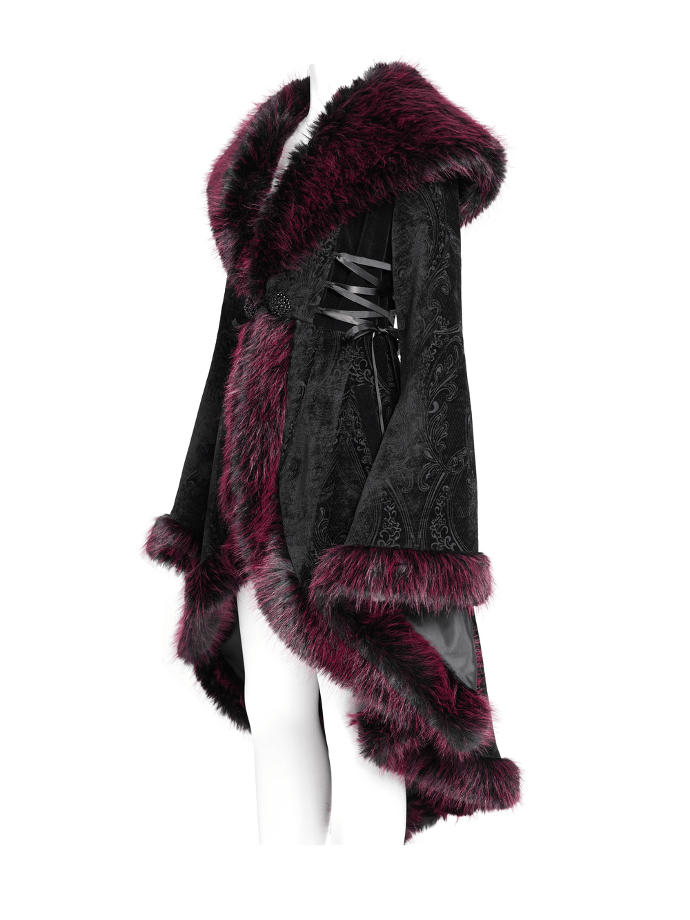 Vintage black coat with burgundy faux fur trim and intricate lace details, perfect for gothic elegance.
