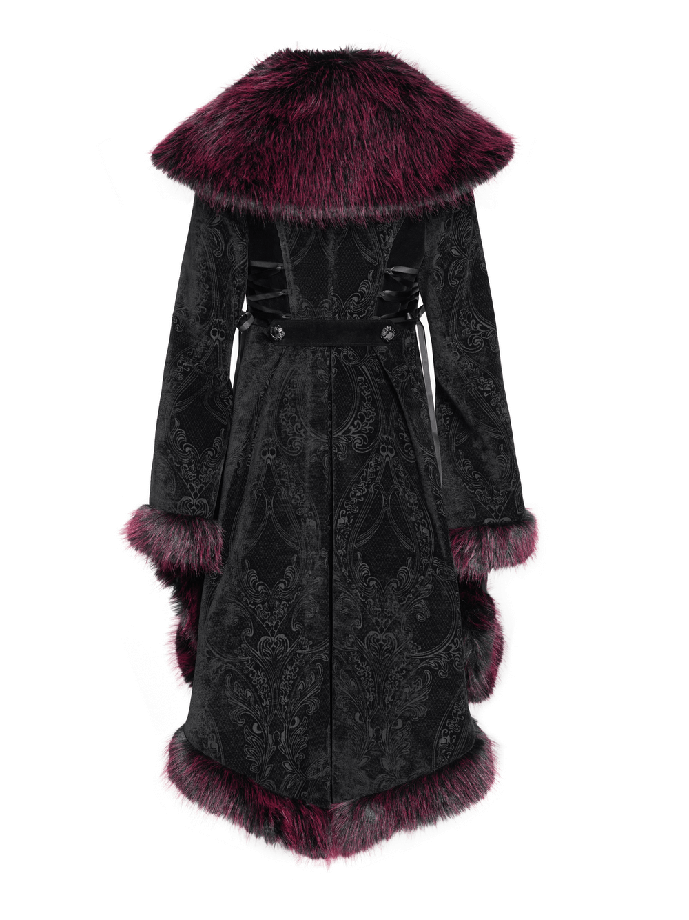 Elegant vintage black coat with burgundy faux fur trim and intricate lace details, perfect for gothic style.