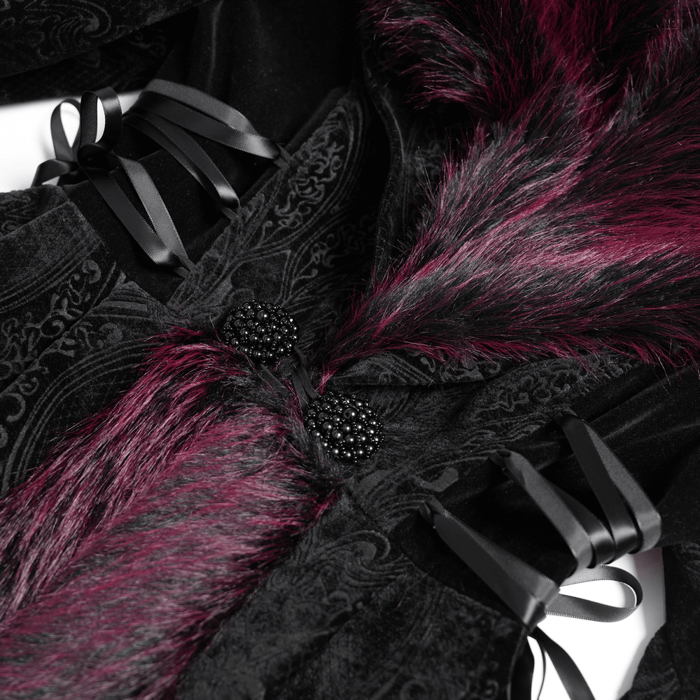Vintage black coat with burgundy faux fur trim and intricate lace details, showcasing luxurious gothic elegance.