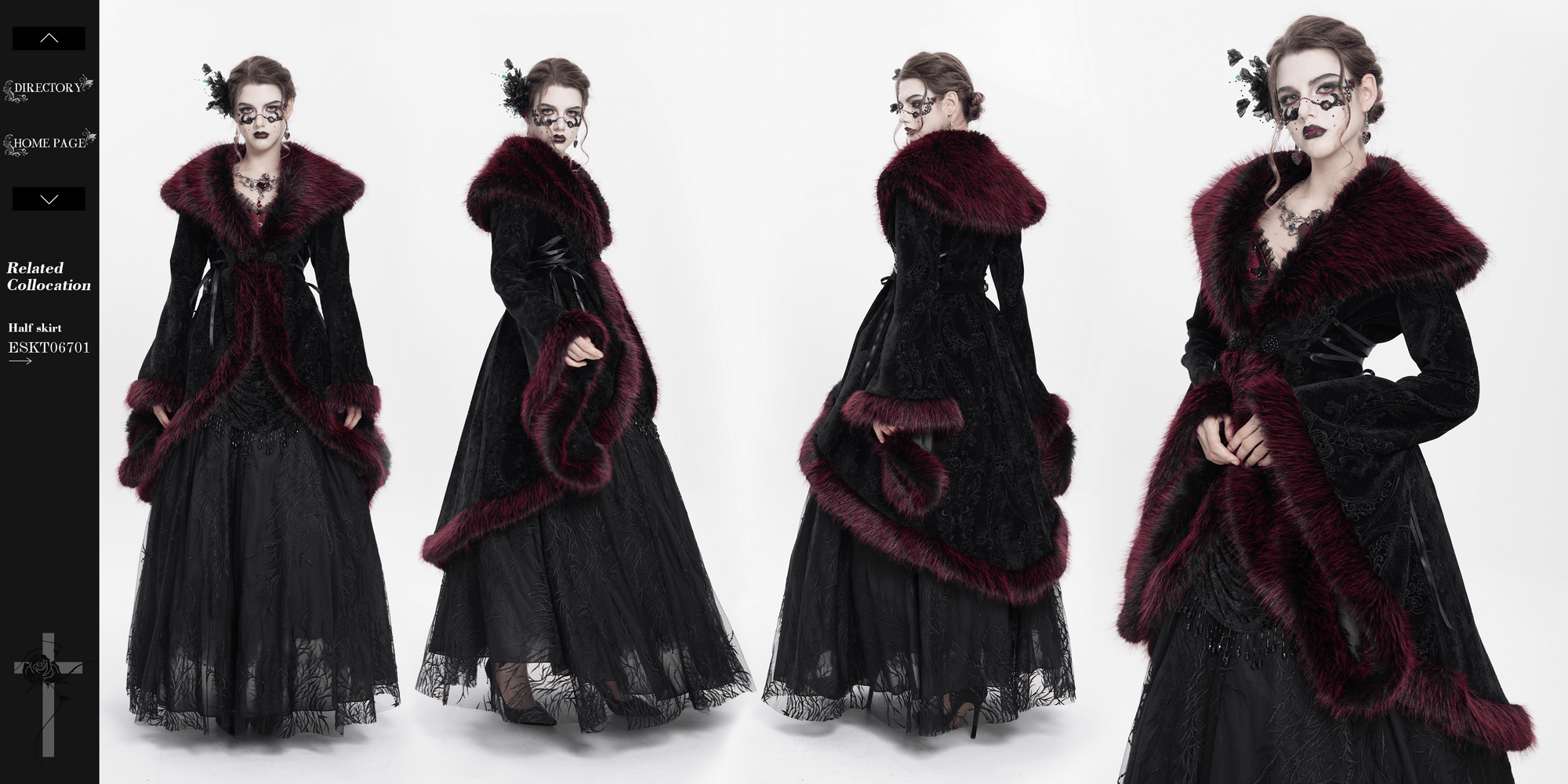 Elegant vintage black coat with burgundy faux fur trim, showcasing gothic style and intricate lace details.