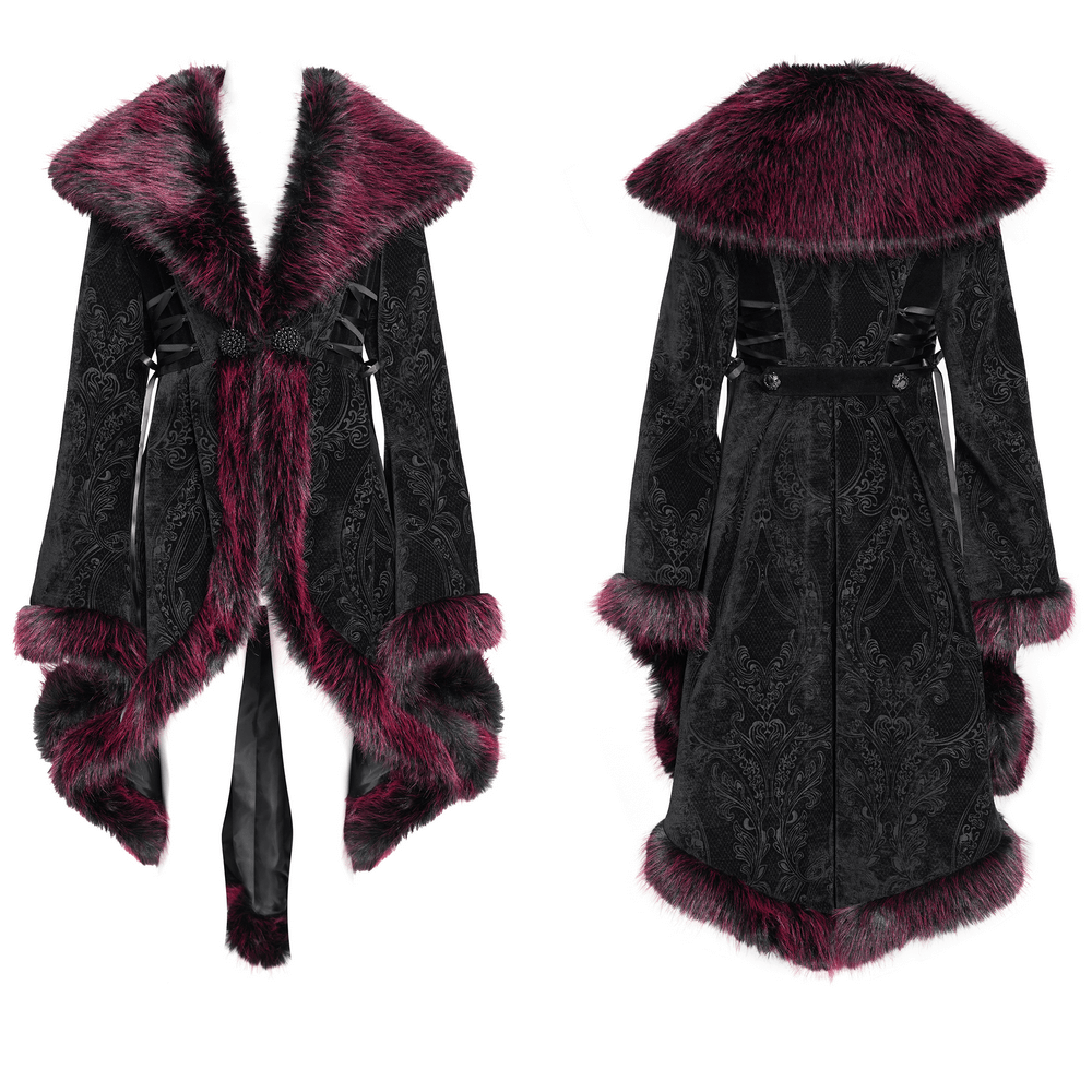Vintage black velvet coat with dramatic burgundy faux fur collar and intricate lace detailing.