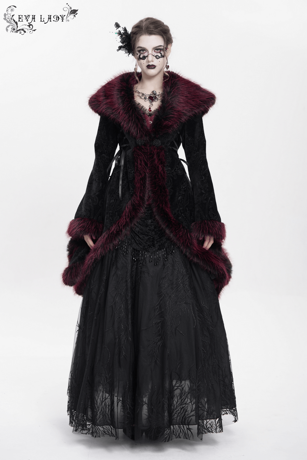 Elegant vintage black coat with burgundy faux fur trim and lace details, perfect for gothic and special occasions.