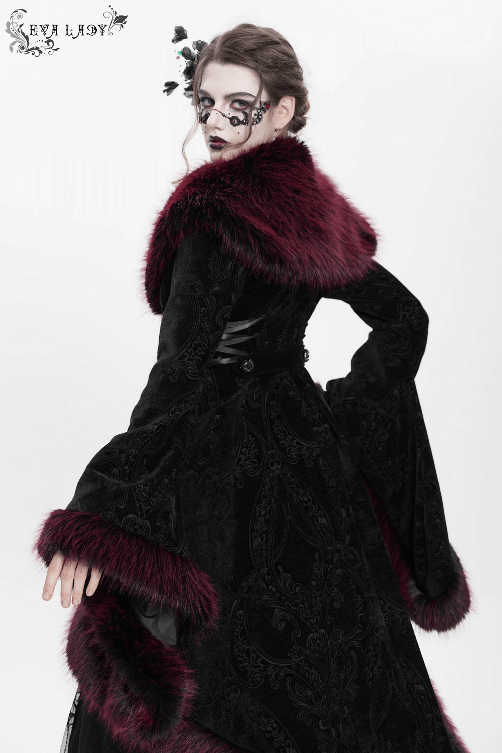 Elegant vintage black coat with burgundy faux fur trim and lace details, perfect for gothic-inspired fashion.