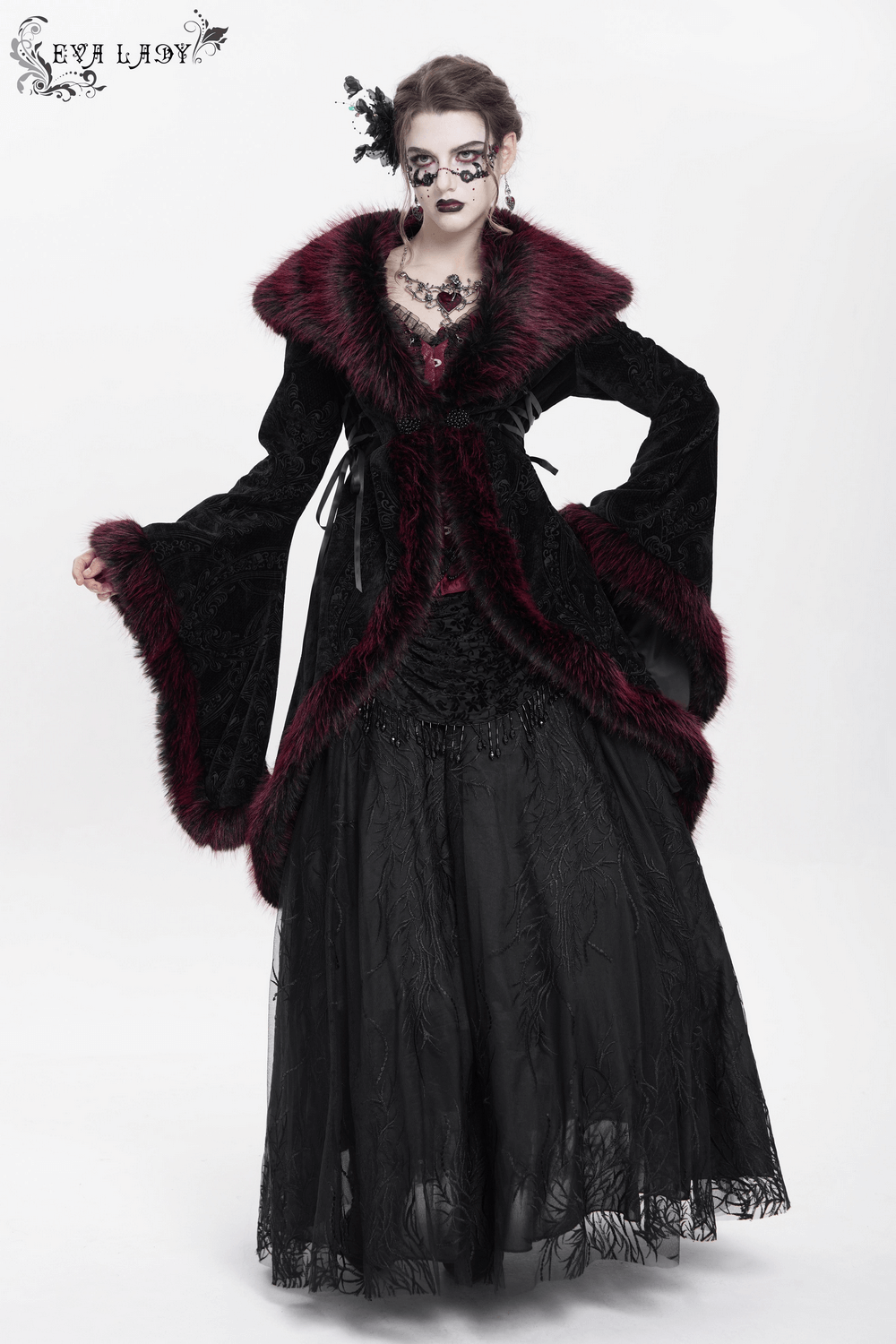 Vintage black velvet coat with burgundy faux fur trim, lace details, and gothic elegance for special occasions.