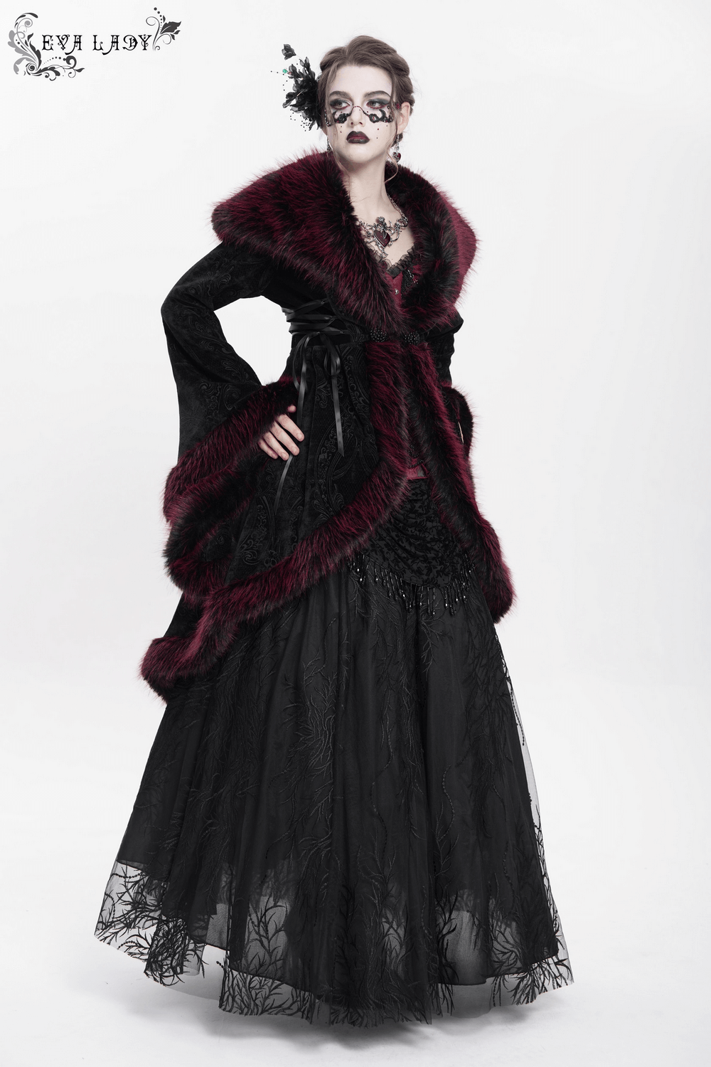 Elegant vintage black coat with burgundy faux fur trim, styled with gothic lace for a dramatic look.