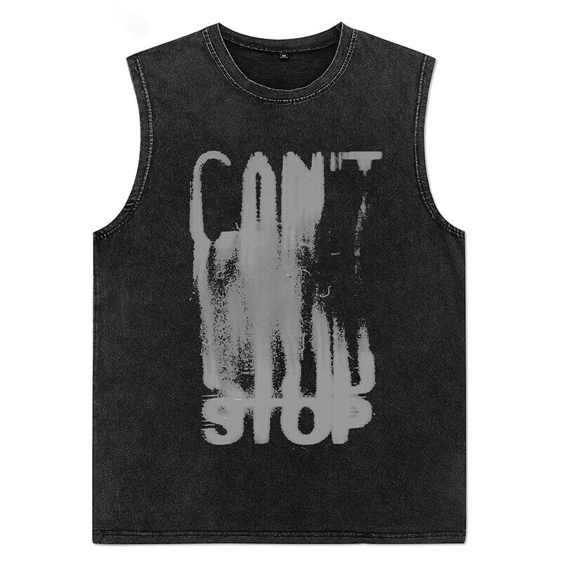 Vintage black cotton tank top with bold 'CAN'T STOP' graphic print, perfect for gothic alternative fashion.