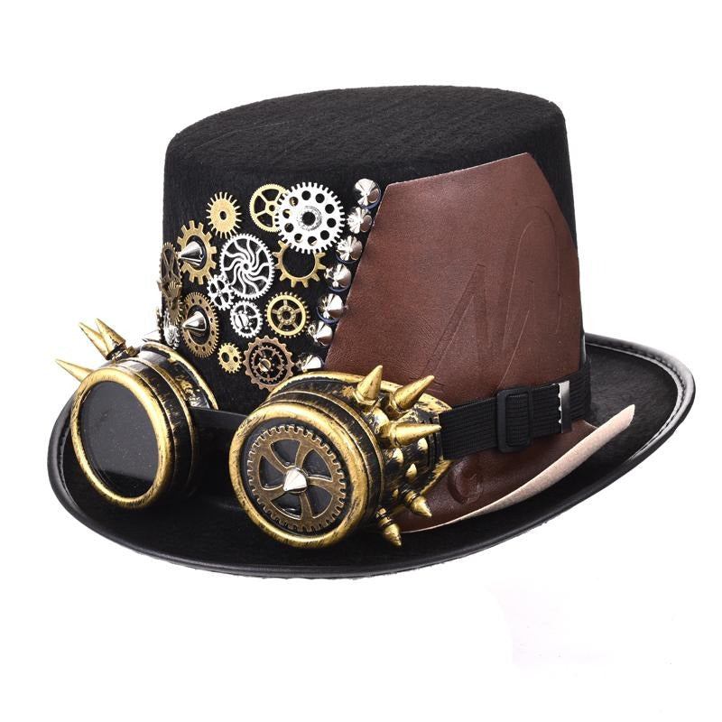 Vintage black fedora hat with steampunk goggles, gears, and spikes for cosplay or festival fashion.