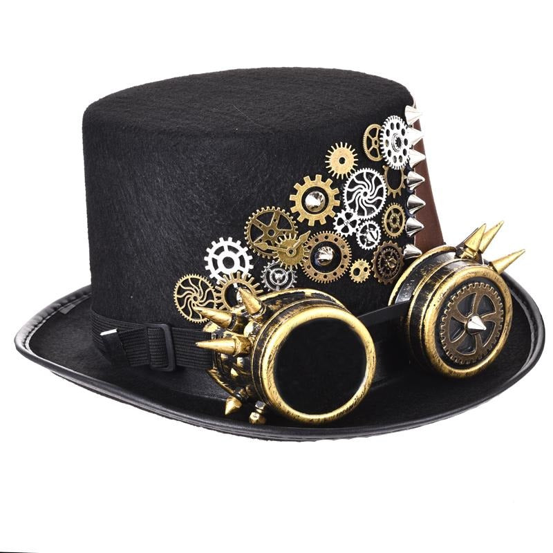 Vintage black fedora with steampunk goggles, gears, and studs, perfect for cosplay or festivals.