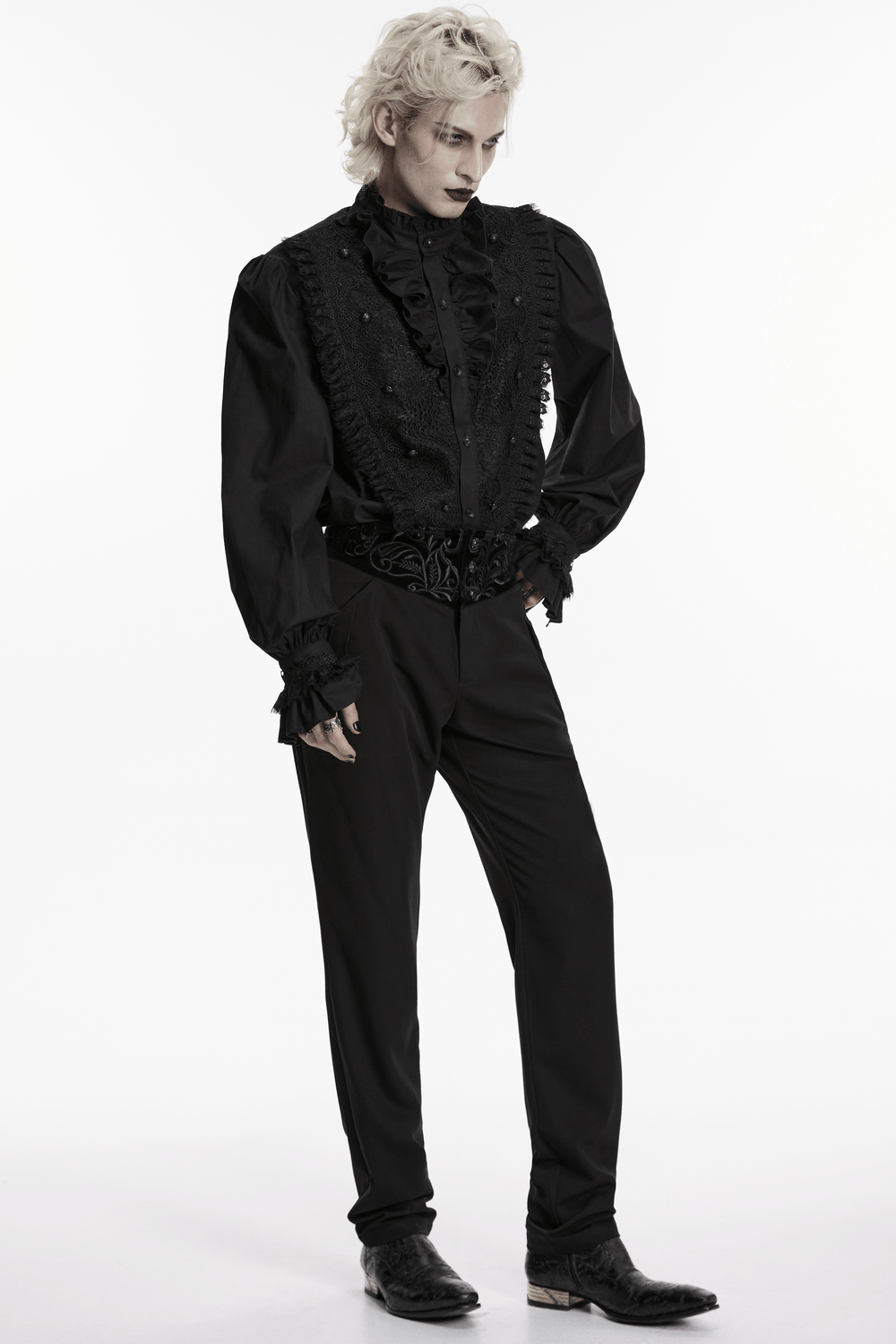 Pantalon gothique noir vintage avec taille brodée en velours