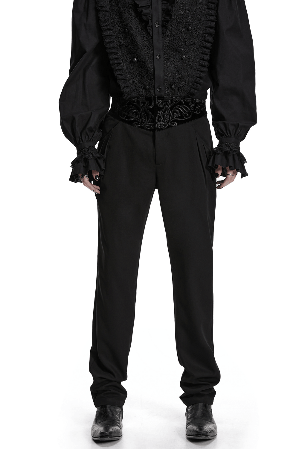 Pantalon gothique noir vintage avec taille brodée en velours