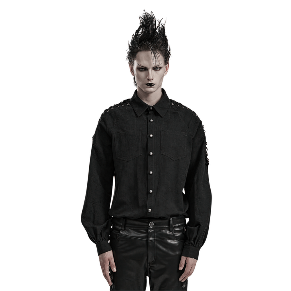 Men's vintage black lace-up gothic shirt with patch pockets and eyelet drawstring detail.