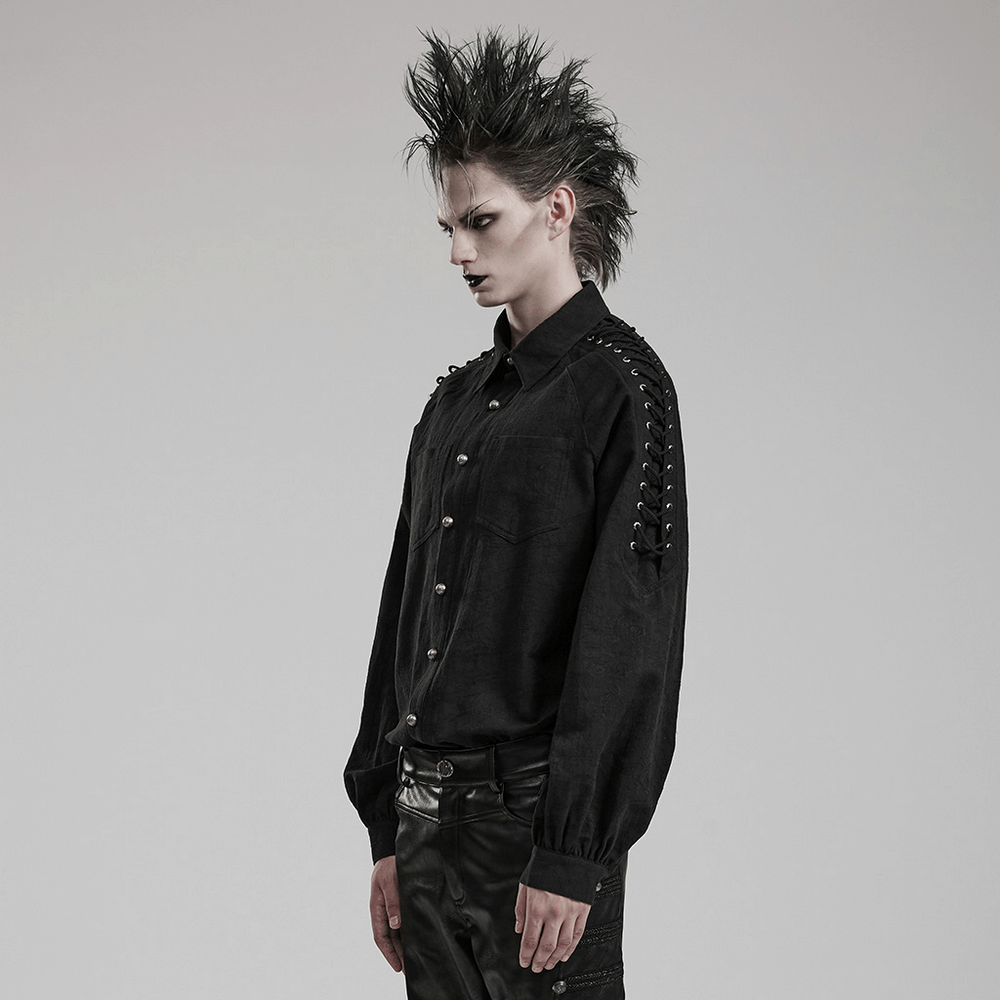 Vintage black lace-up gothic shirt for men with stylish lacing and elegant buttons, perfect for any goth fashionista.