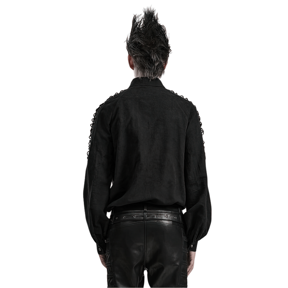 Back view of a stylish men's vintage black lace-up gothic shirt with unique shoulder eyelet details.