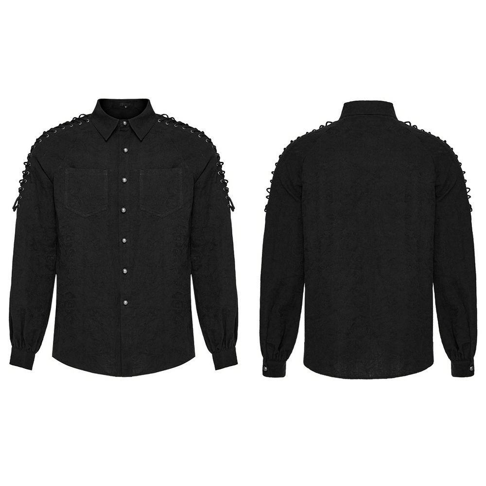 Vintage black lace-up Gothic shirt for men, showcasing stylish lace details and eyelet drawstring shoulders.