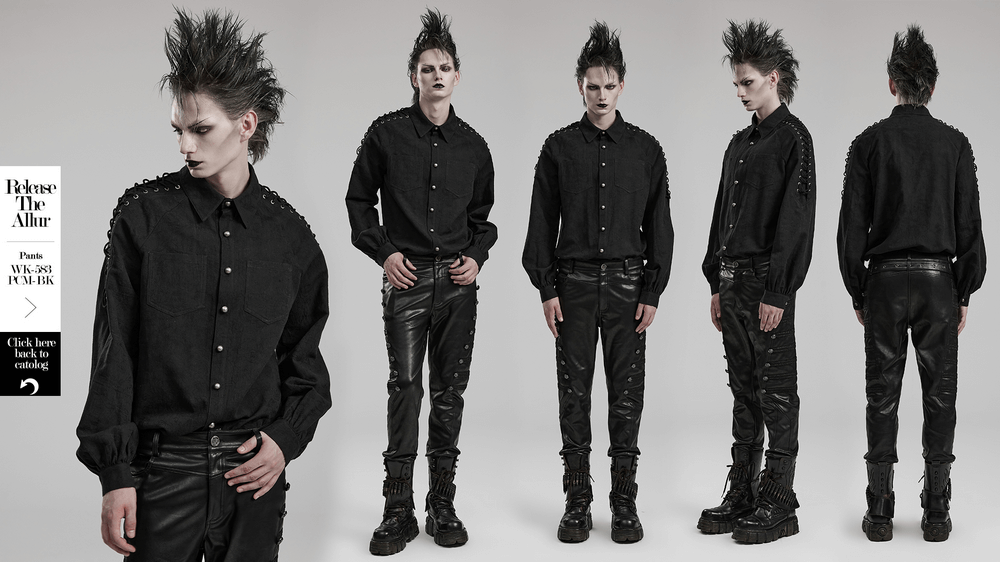 Men's vintage black lace-up gothic shirt showcased with unique design details and stylish gothic appeal.