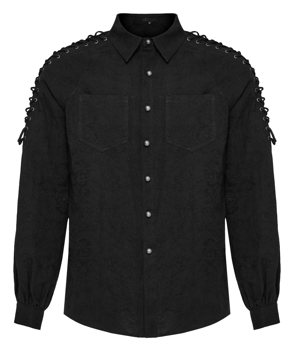 Vintage black lace-up gothic shirt for men with eyelet drawstring and patch pockets, perfect for a stylish goth look.
