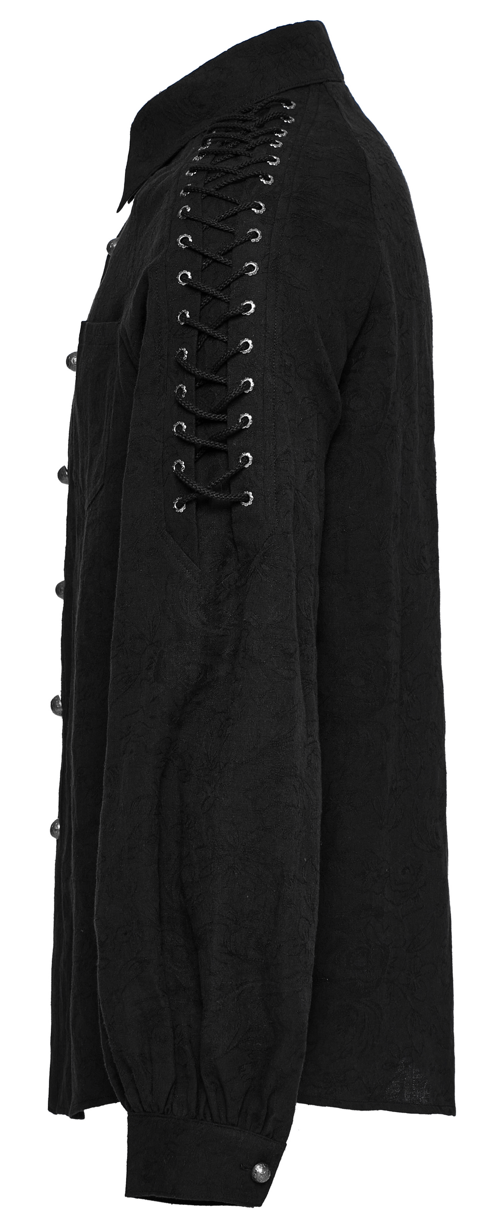 Vintage black lace-up gothic shirt for men, featuring stylish lace detail and eyelet drawstring on the shoulders.