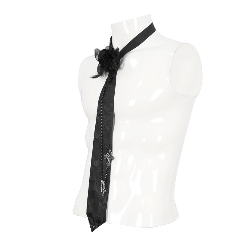 Vintage black necktie with cross pendant and rose, perfect gothic accessory for bold style.