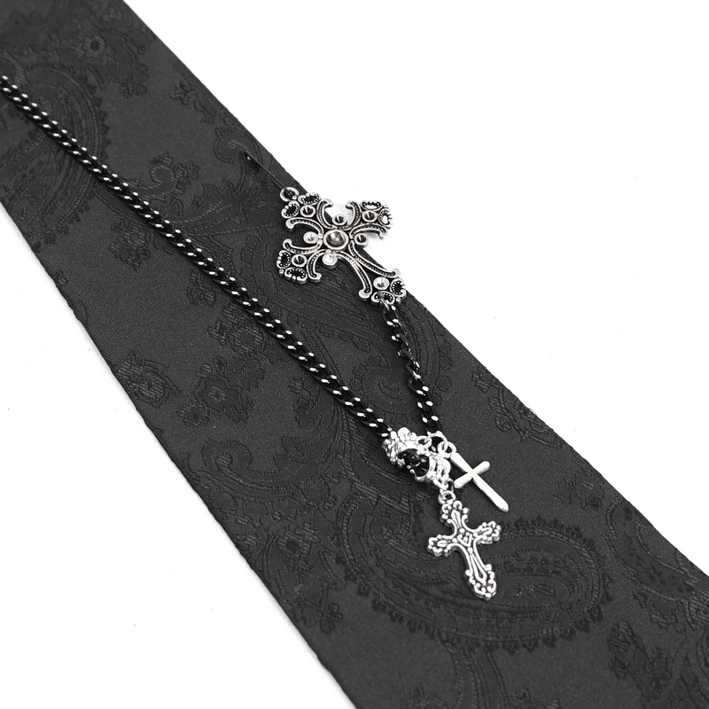Vintage Black Male Necktie with Cross Pendant and Rose / Gothic Accessories - HARD'N'HEAVY