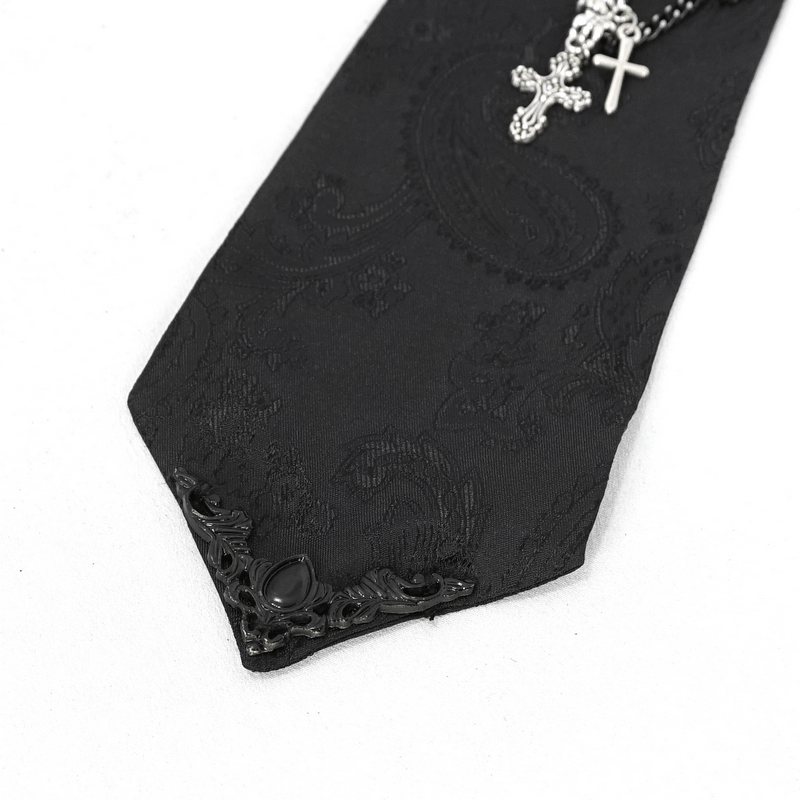 Vintage black necktie with cross pendant and intricate rose detailing, perfect gothic accessory for men.