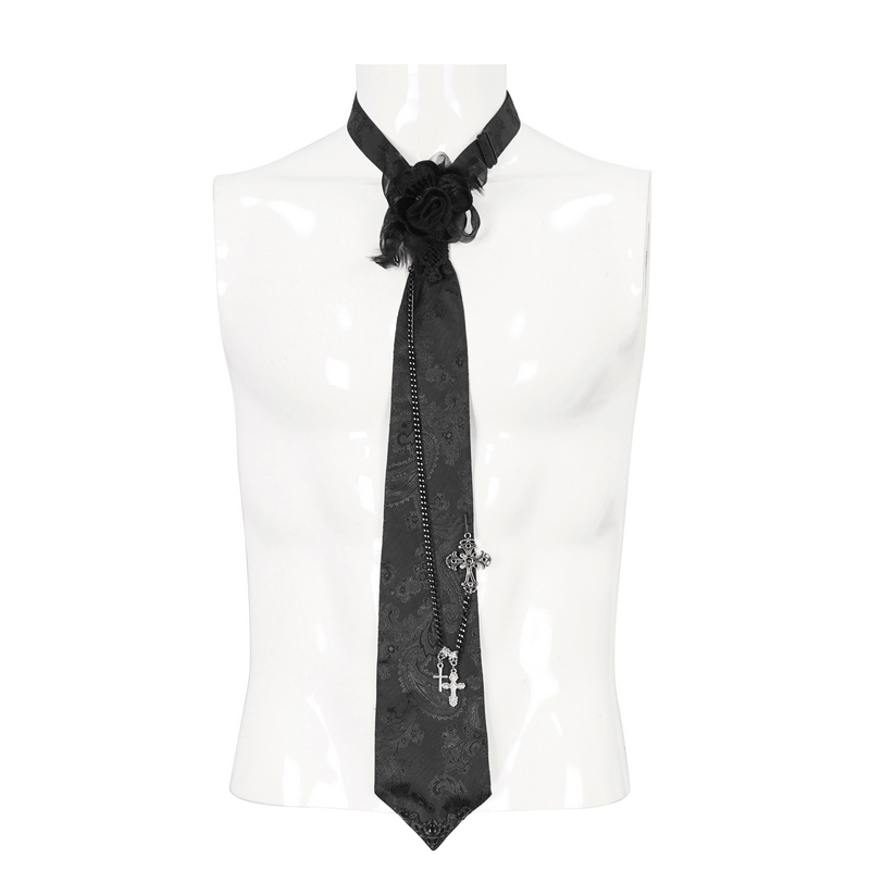 Vintage black male necktie with cross pendant and rose, perfect gothic accessory for stylish outfits.