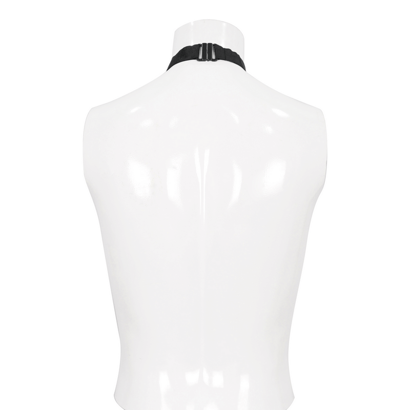 Back view of a sleek black necktie on a mannequin, showcasing its gothic style and trendy design.