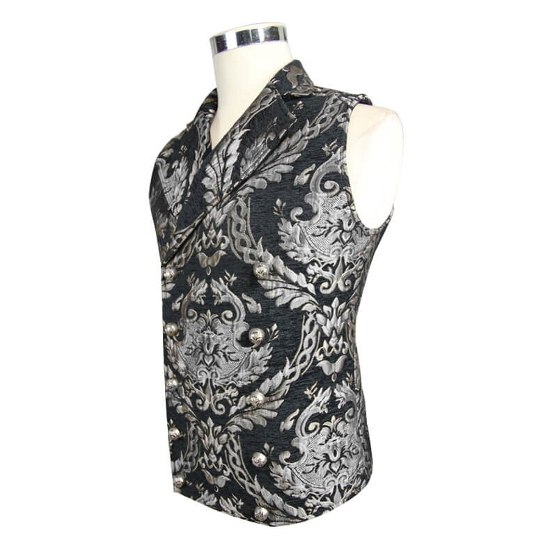Vintage black waistcoat with silver filigree pattern and buttons, perfect for gothic style outfits for men.