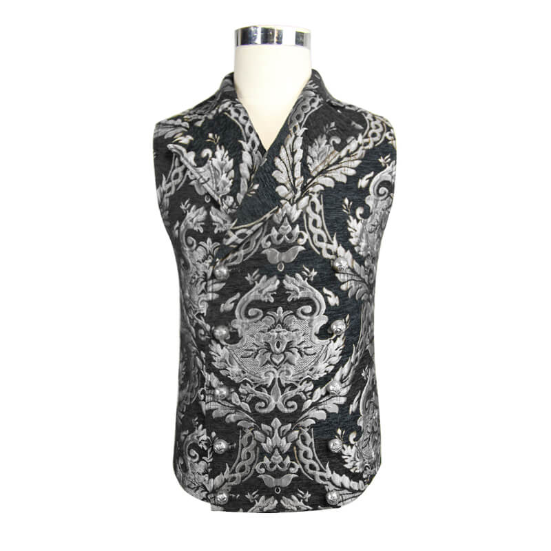 Vintage black waistcoat with silver filigree and decorative buttons for men, perfect for gothic and alternative fashion.