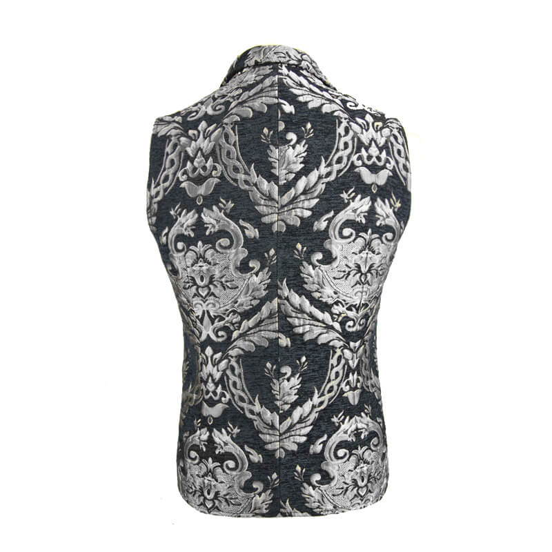 Vintage black waistcoat with elegant silver filigree pattern on back, ideal for gothic male fashion.