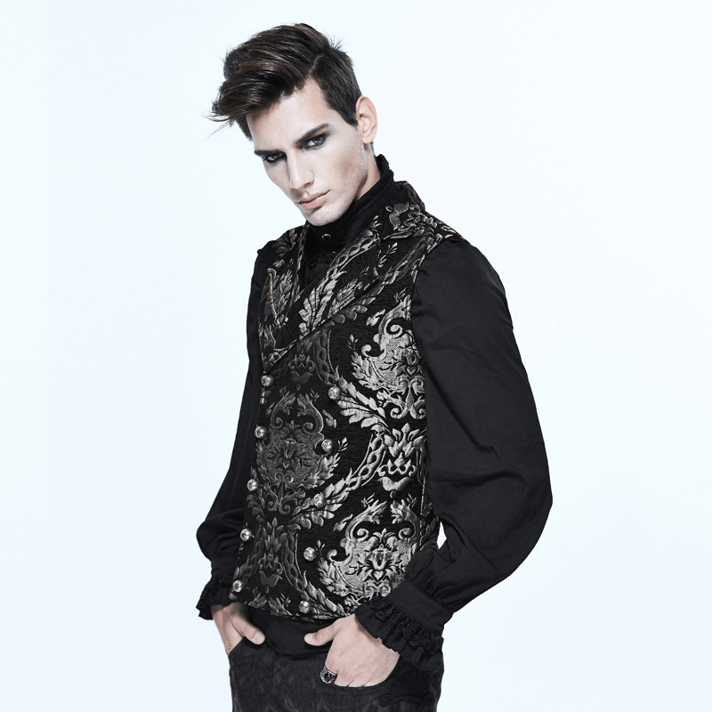 Gothic black waistcoat with silver filigree design, perfect for vintage alternative men's fashion.