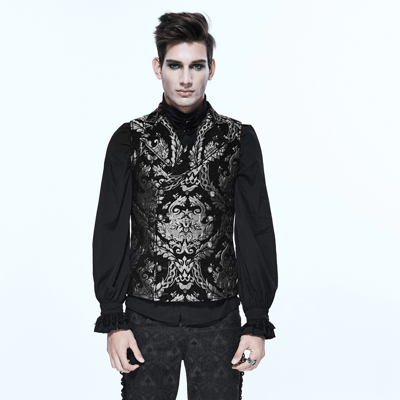 Gothic vintage black waistcoat with golden filigree, perfect for alternative men's fashion.