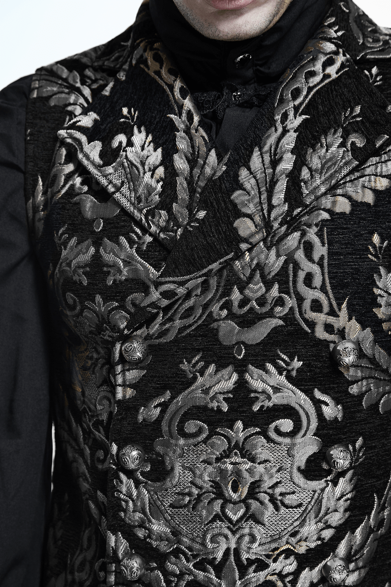 Vintage black waistcoat with intricate silver filigree and ornate buttons for men, perfect for gothic style outfits.