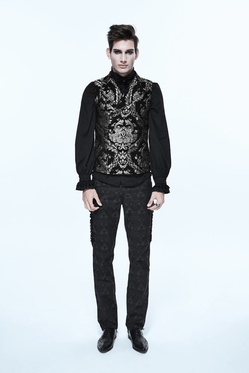 Stylish man in a vintage black waistcoat with golden filigree, perfect for gothic and alternative fashion.