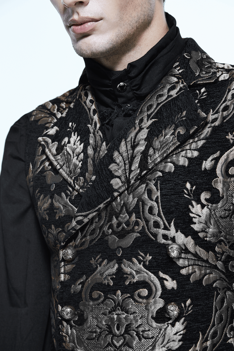 Vintage black waistcoat with ornate golden filigree patterns for gothic male fashion.