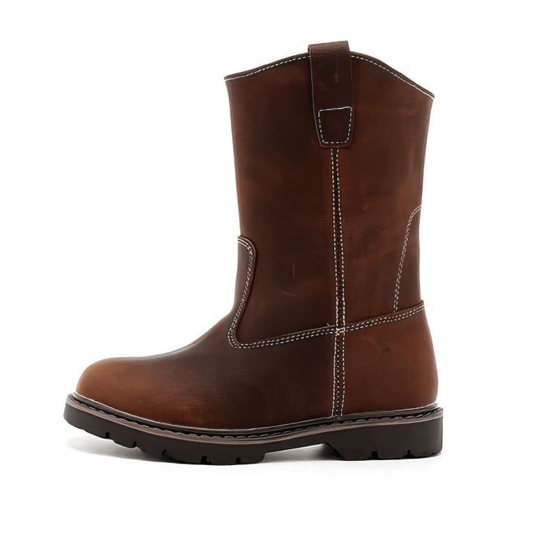 Vintage buckle boots in brown leather for men, featuring a rounded toe and flat tractor tread sole.